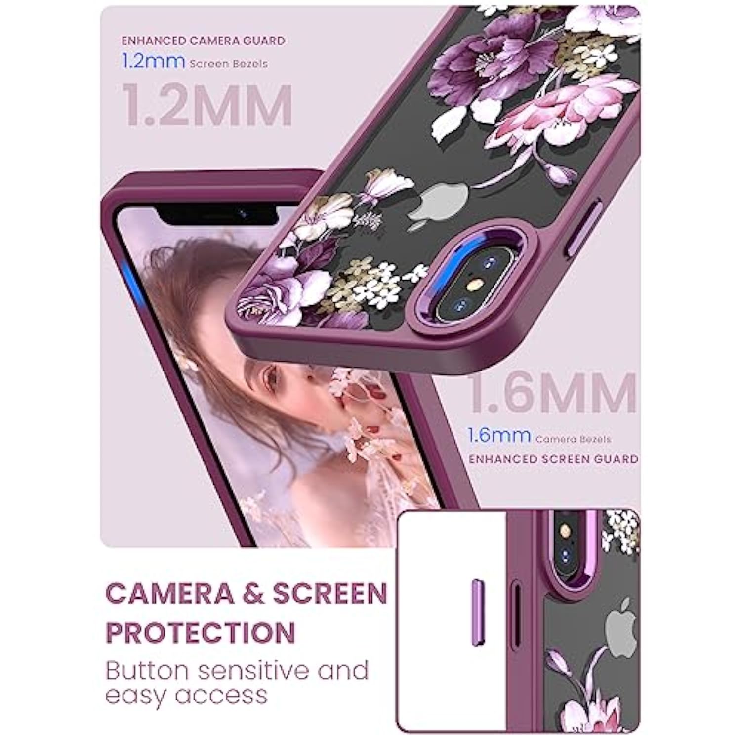 For Iphone X Case, Iphone Xs Case, [Military Grade Drop Tested] Hard Back & Soft Edge Slim Flower Women Girls Phone Protective Cover With 2 Pcs Tempered Glass Screen Protector (Purple)
