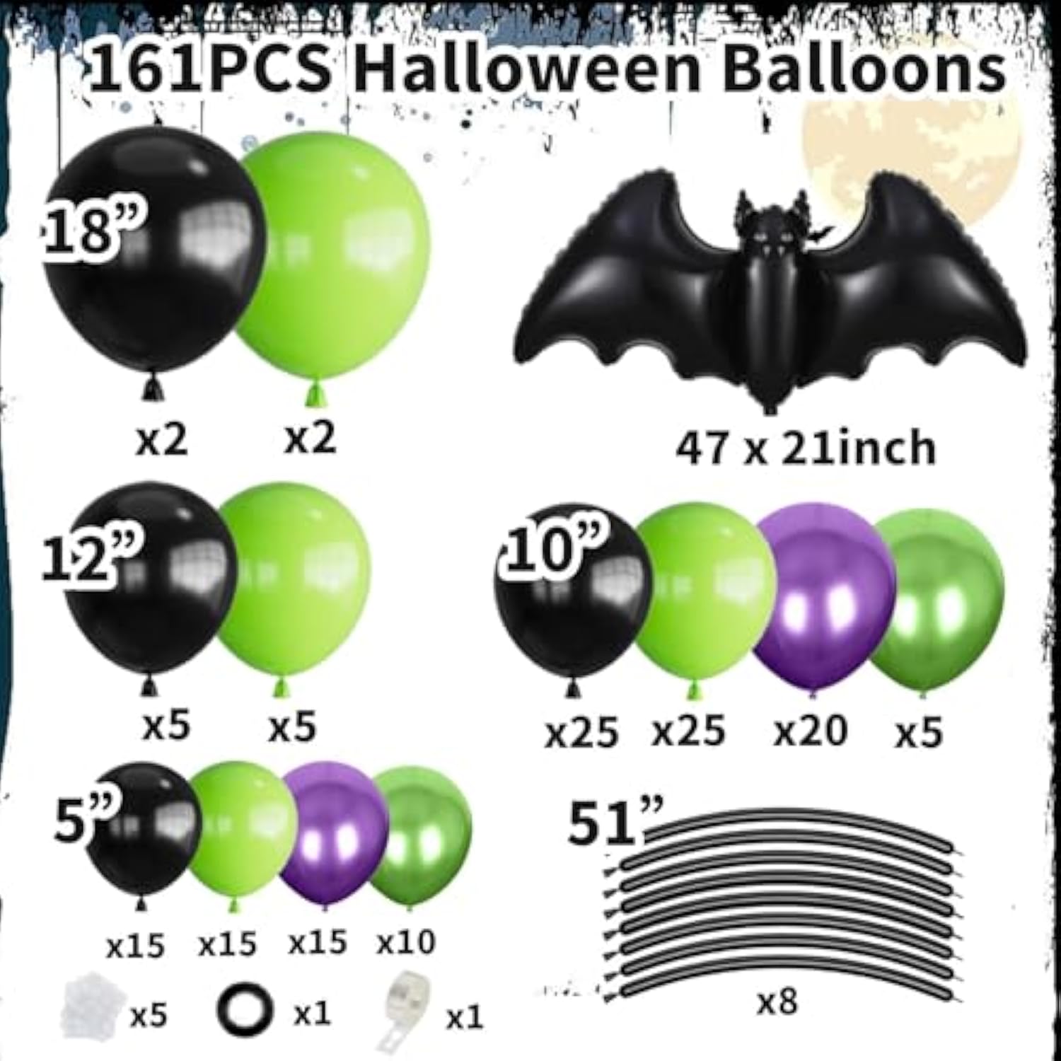 Halloween Balloon Arch Kit: Purple, Black & Lime Green with Bat Foil