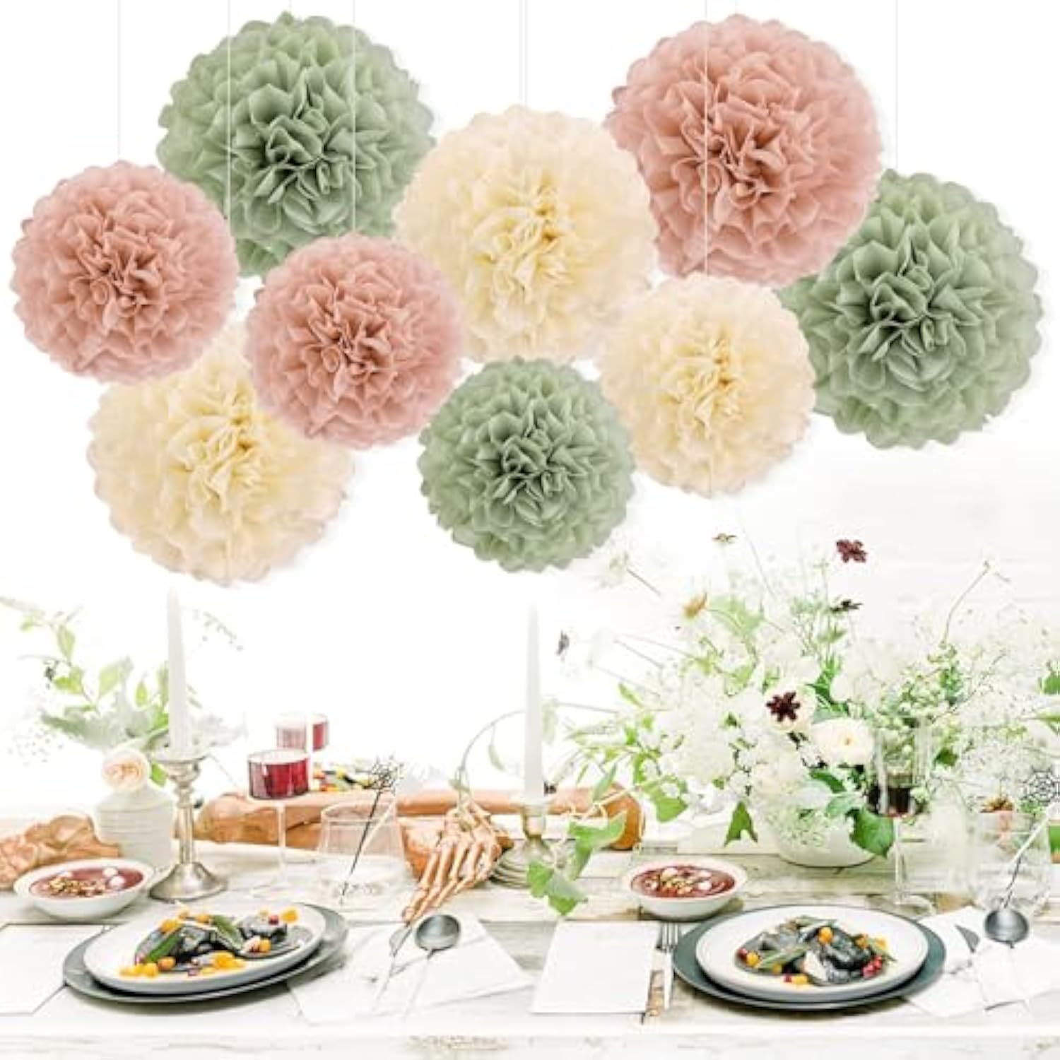 Sage Green Tissue Pom Poms Paper Flowers Decorations Natural Green Boho Hanging Décor For Safari Jungle Party Bridal Shower Baby Shower Home Decor Nursery Birthday Backdrop 15Pcs