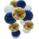 Gold Royal Blue And White Paper Flower Tissue Pom Poms For Birthday Baby Shower Graduation Bachelor Retirement Theme Party, 12Pc