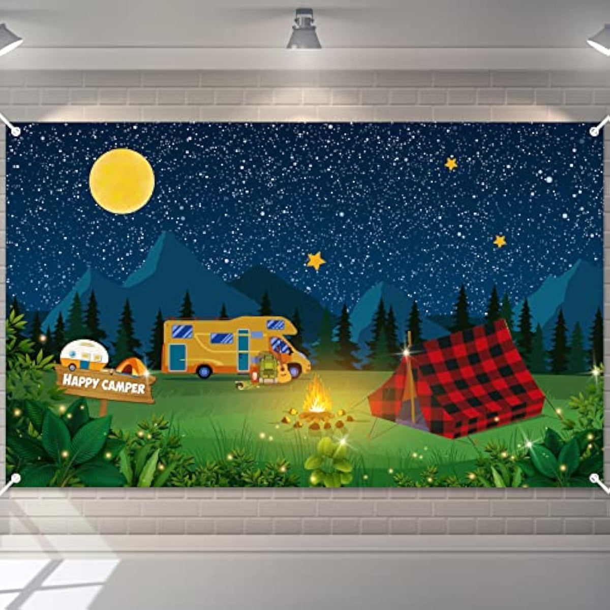 70.8x43.3" Camping Party Backdrop Fake Campfire, Happy Camper Banner & Decor