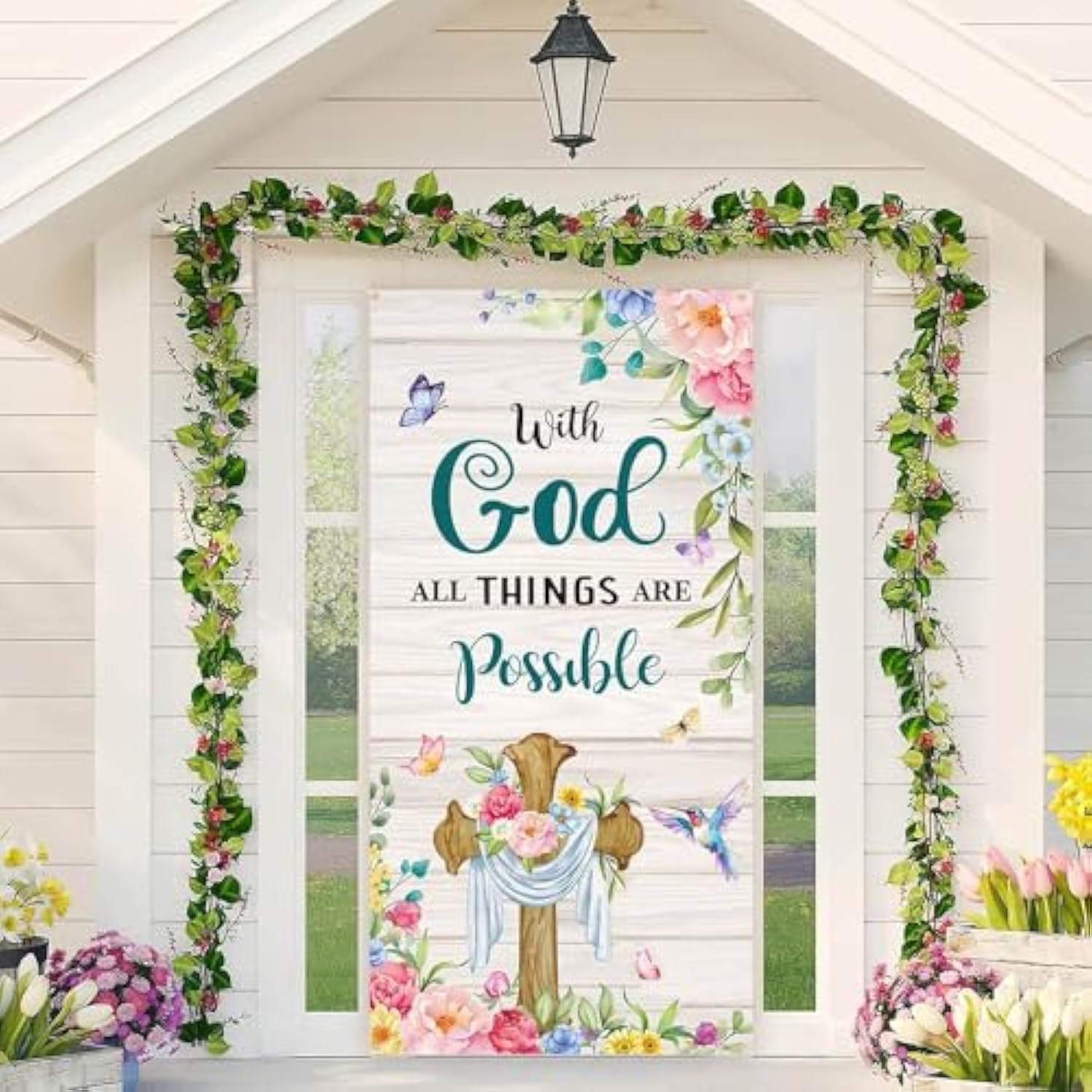 Spring Christian Door Banner With God All Things Are Possible Spring Easter Cross Banner Backdrop For Christian Holiday Photo Prop Booth 3X6Ft