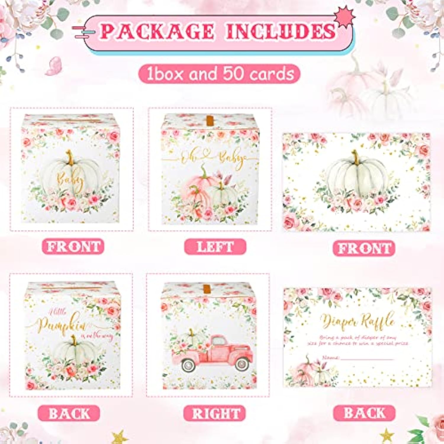 51 Pcs Diaper Raffle Card Box With Diaper Raffle Tickets For Baby Shower Game Gender Reveal Party Decorations Supplies(Pumpkin Style)