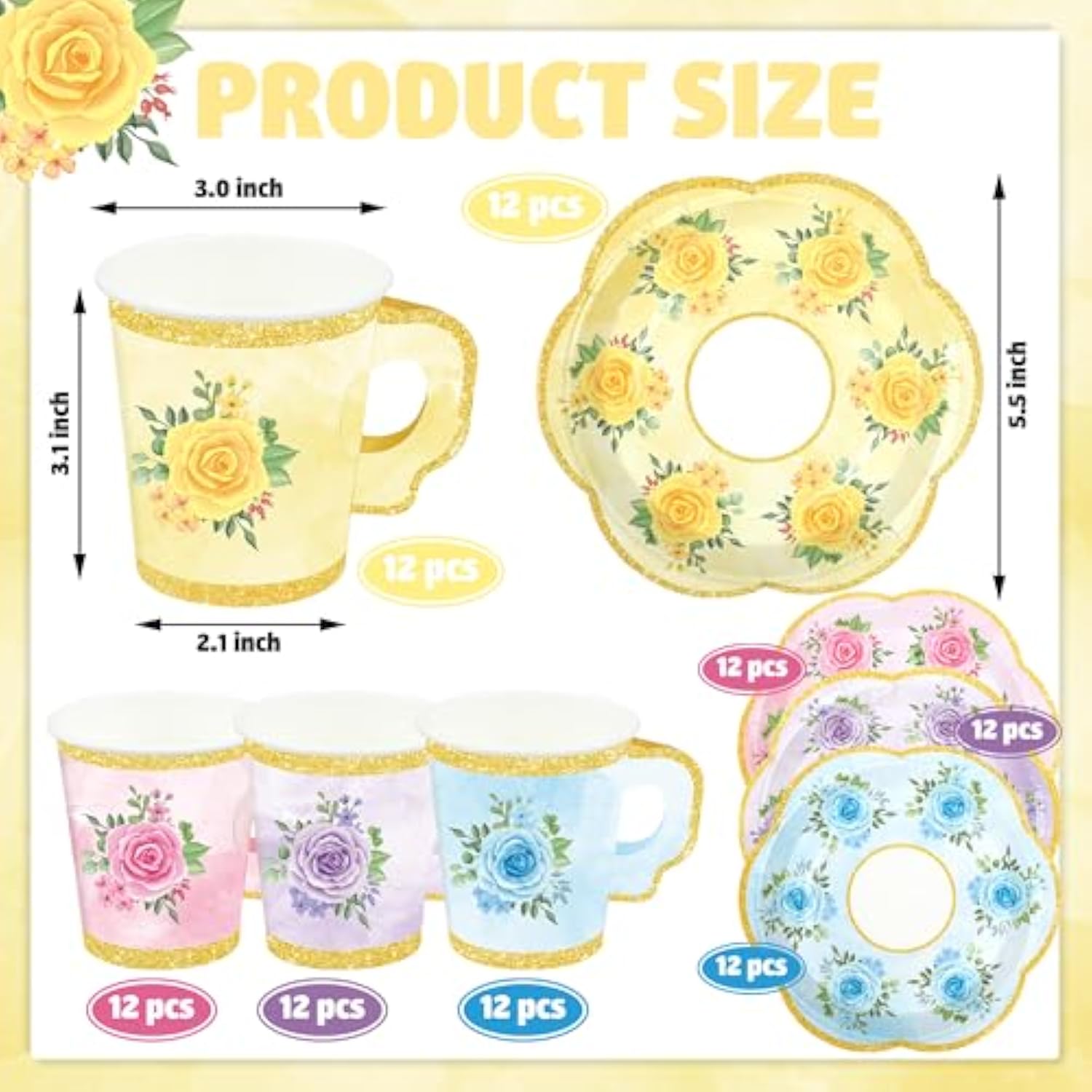 48 Sets Floral Paper Tea Cups And Saucers Disposable Tea Party Supplies Colorful Flower Teacups With Handle And Plates For Hot Cold Drink Wedding Birthday Party Baby Shower