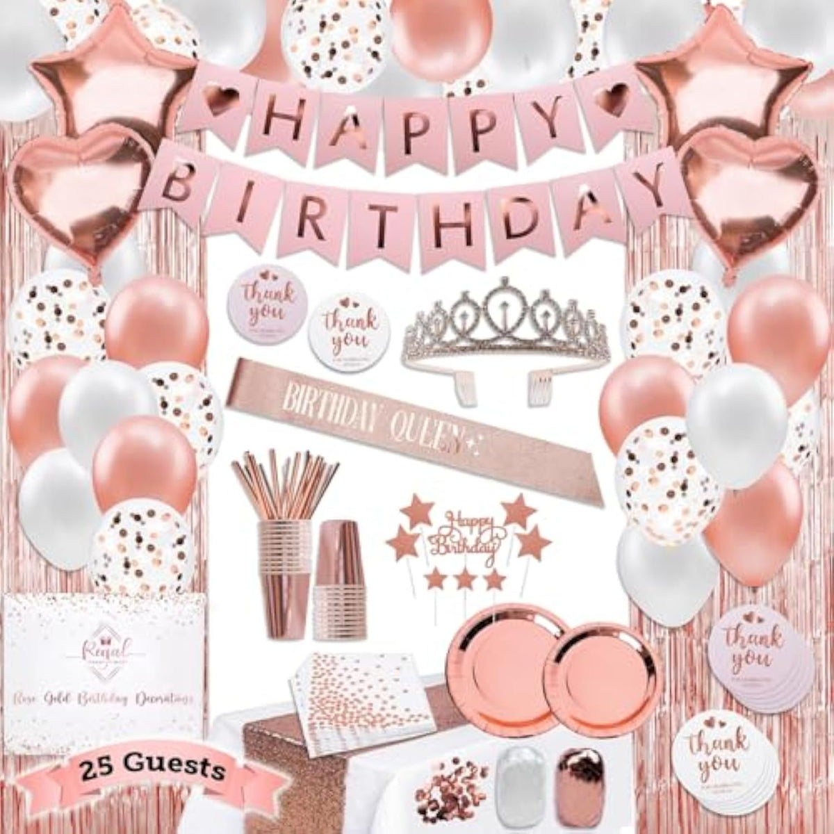 225 Pc Rose Gold Birthday Party Decorations Kit For Girls, Teens, Women - Happy Birthday Banner, Curtains, Table Runner, Balloons, Sash, Tiara, Cake Topper, Plates, Cups, Napkins, Straws For 25 Guests