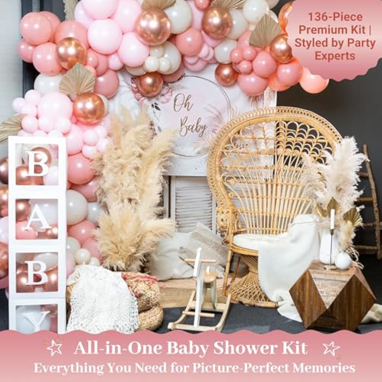 136 Pcs Boho Pink Baby Shower Set – Oh Baby Sign, Garland & Balloon Boxes