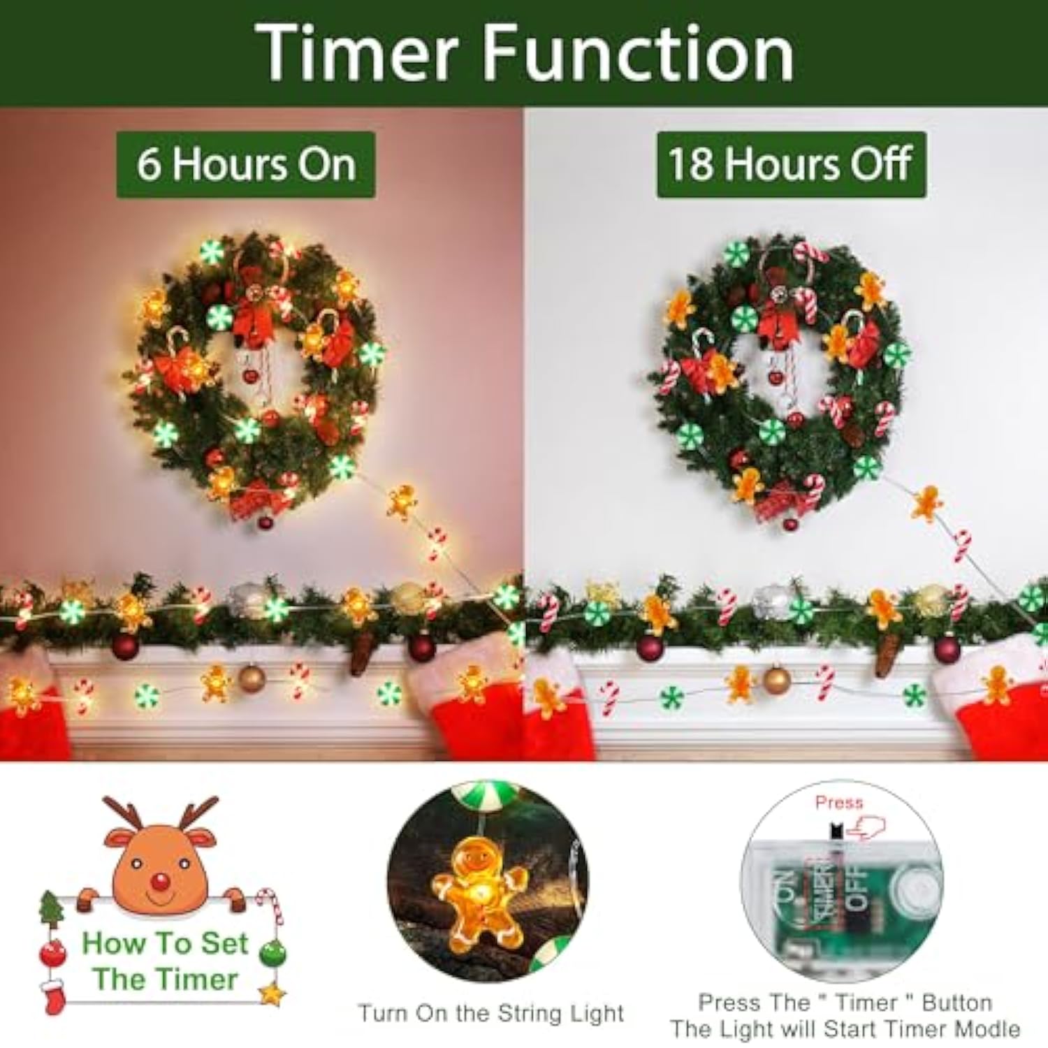 [Timer] 10 Ft 30 Led Christmas String Lights Decorations Gingerbread Man Candy Cane Candy Fairy Lights Battery Operated