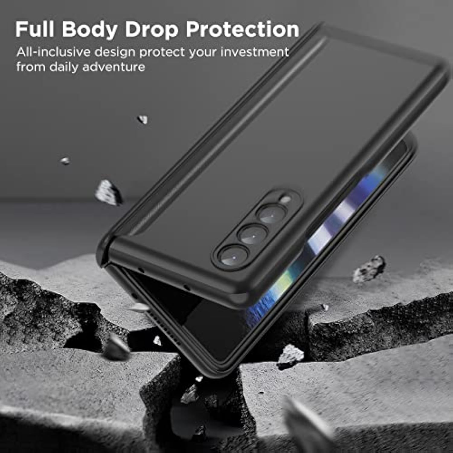 Slim Thin Z Fold 3 Case With Hinge Coverage, Screen Protector, Matte Hard Shockproof Full Body Protection Phone Cover For Samsung Galaxy Z Fold 3 5G (Black)