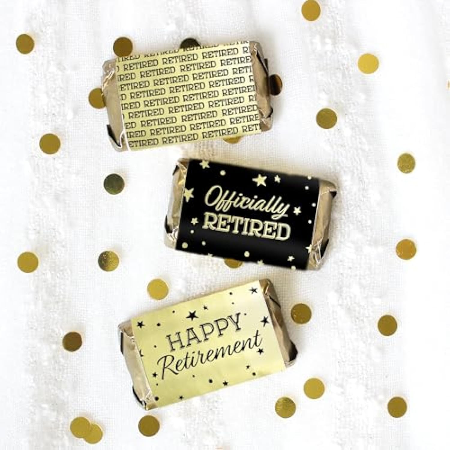 Black And Gold Retirement Mini Candy Bar Wrappers – 42 Stickers, Shiny Gold Foil Labels For Retirement Party Favors, Candy Buffet, And Decorations