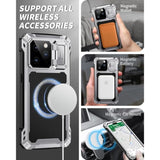 Heavy Duty Metal Case for iPhone 15 Pro Max with Built-in Camera Kickstand and Glass Screen Protector, Silver