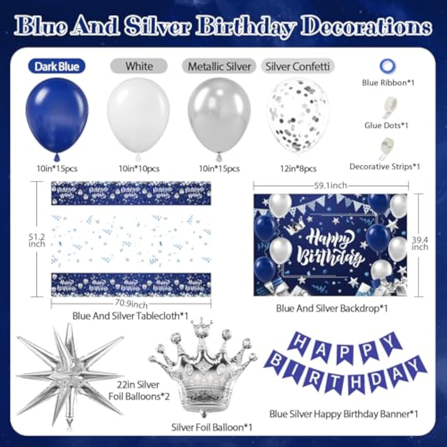 Blue And Silver Birthday Decorations, Blue White Silver Balloons Banner Tablecloth Backdrop For Happy Birthday Decorations For Men