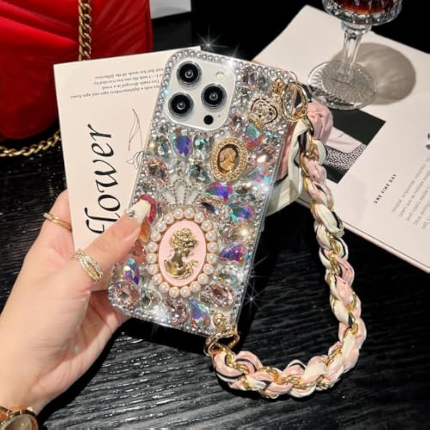 Compatible With Iphone 16 Pro Max Glitter Bling Case, Cute Luxury 3D Crystal Queen Rhinestone Full Diamond With Silk Scarf Wristband Chain Women Case Cover For Iphone 16 Pro Max 6.9"