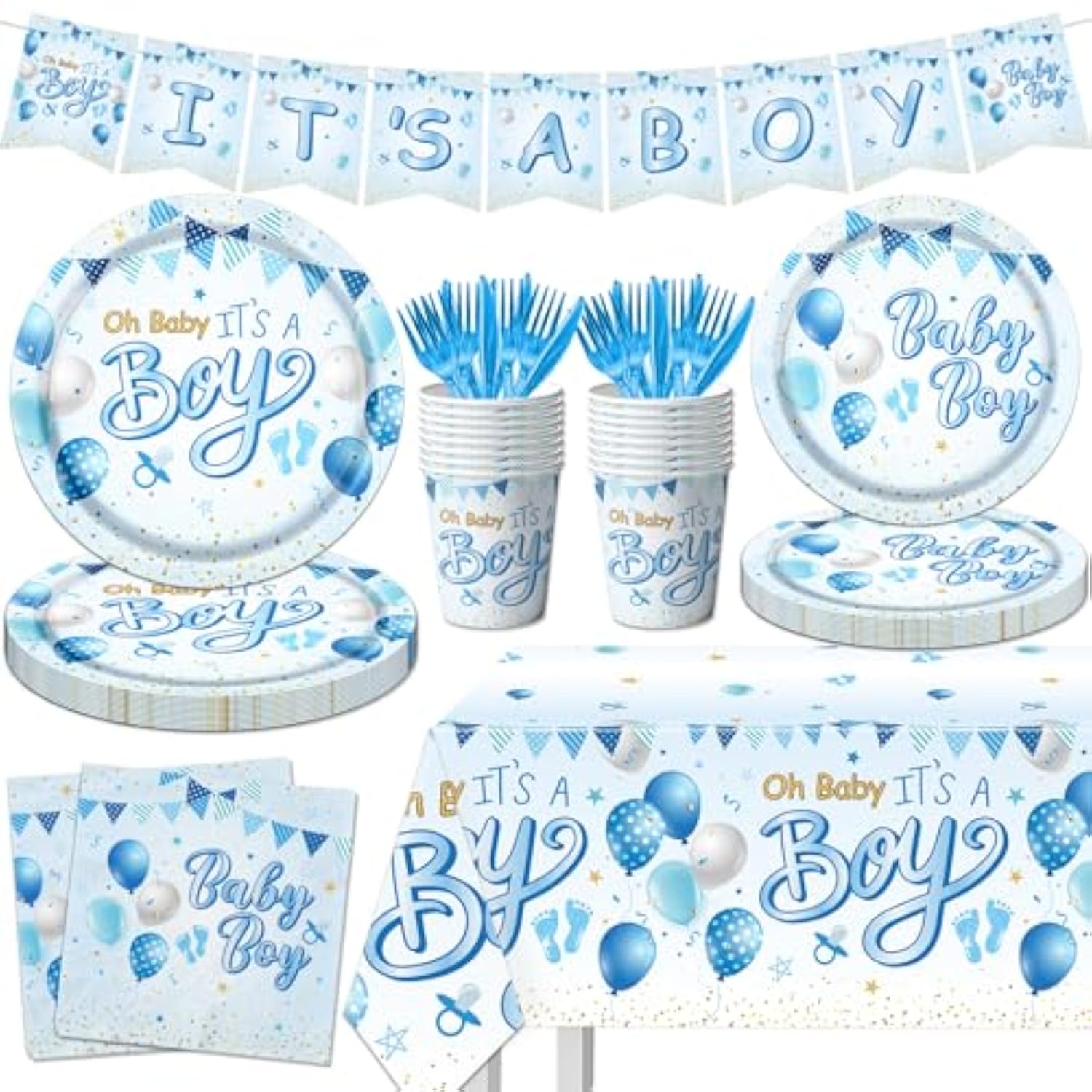 Blue Baby Shower Decorations For Boy, It'S A Boy Baby Shower Party Supplies With Baby Boy Plates Napkins Cups Banner Tablecloth For Baby Boy Gender Reveal Baby Shower Party Decor