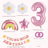 Young, Wild, and Three Banner, Groovy Retro Hippie, Daisy, Rainbow Balloon Decor