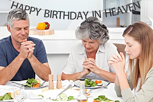 Happy Birthday in Heaven Banner Funeral Memorial Decorations Black Glitter Happy Heaven Birthday Banner for Condolence Funeral Anniversary Memorial