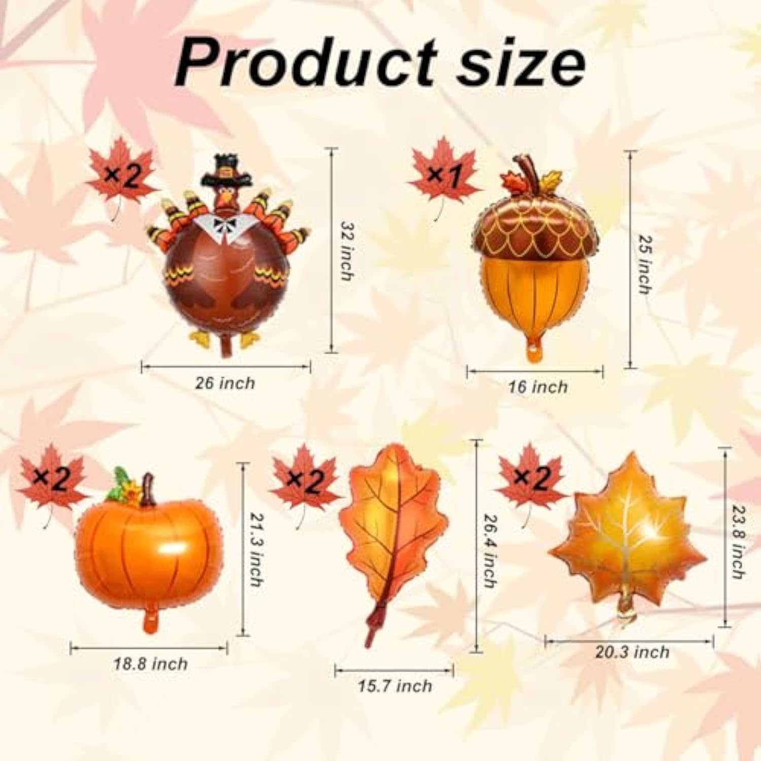 Thanksgiving Foil Balloon Set: Turkey, Pumpkin, Maple Leaf - 9 Piece