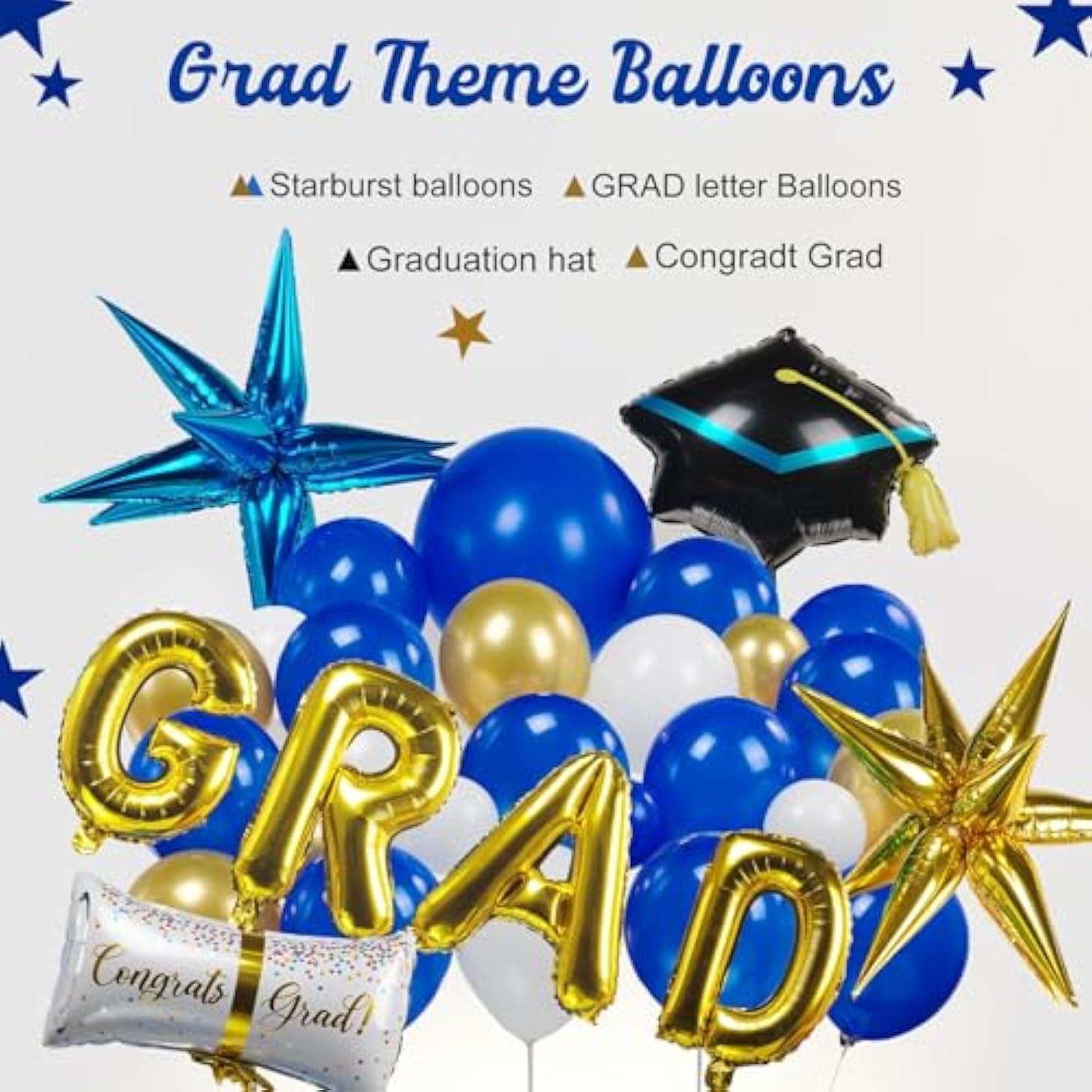 120Pcs Graduation Balloon Garland Arch Kit With Graduation Cap Certificate Letter Star Mylar Foil Balloons For Class Of 2025 Grad Prom Decorations Supplies (Blue Gold White)