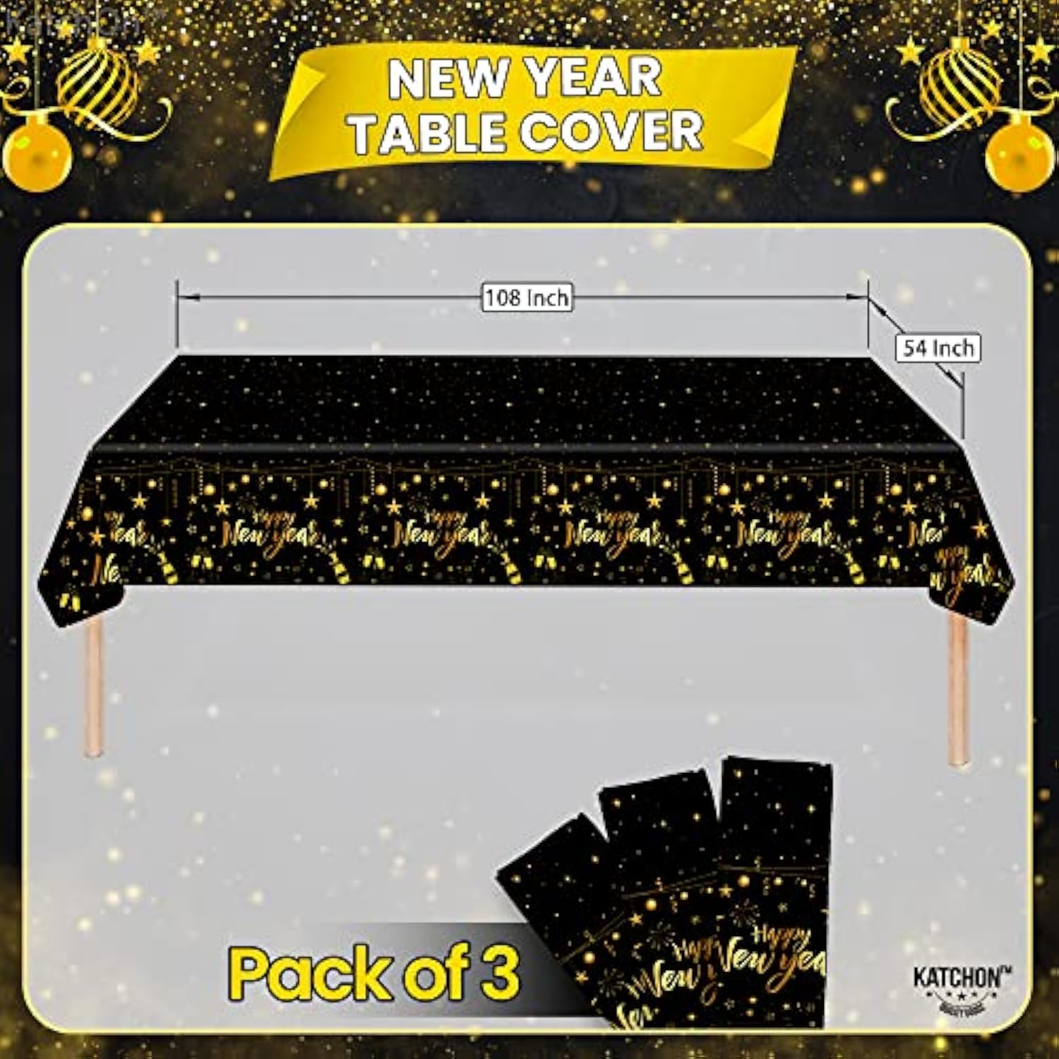 3pcs Happy New Year Tablecloth 108x54in 2026 Party Decorations