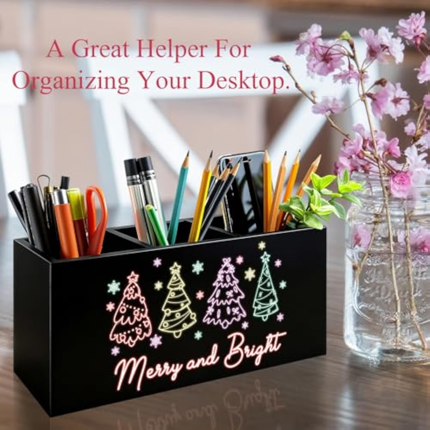 Neon Christmas Tree Kitchen Utensil Holder, Merry And Bright Xmas Cooking Utensil Holder Wooden Storage Organizer Box For Kitchen Counter, Girly Christmas Decor