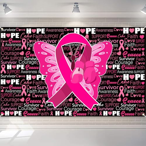 Breast Cancer Awareness Backdrop Banner, Pink Ribbon Decor, 72 x 43 Inches