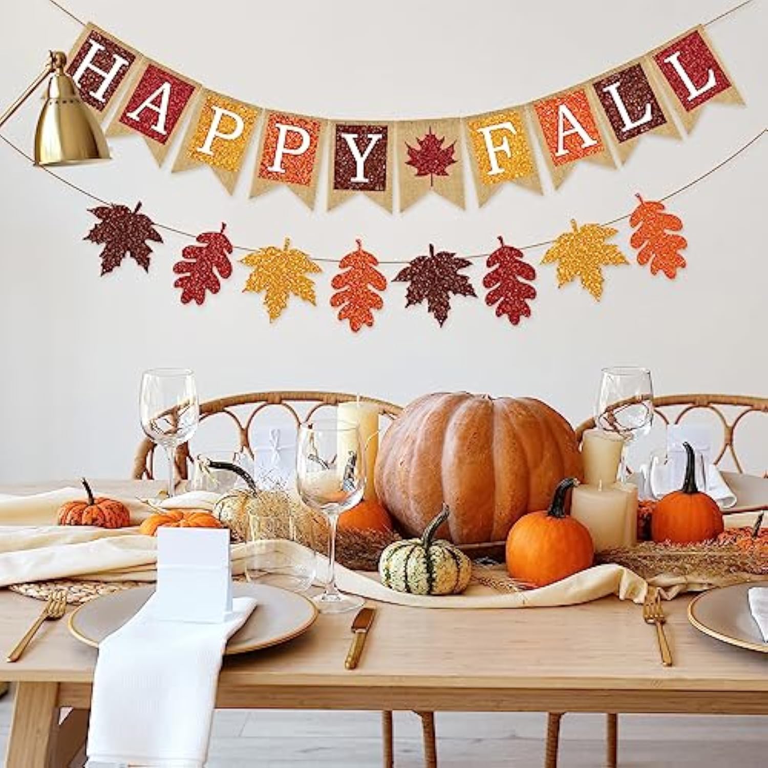 2Pcs Fall Banner Glitter Maple Leaf Paper Banner Happy Fall Burlap Banner Pre-Assembled Rustic Bunting Garland Hanging Decorations For Autumn Thanksgiving Party Decoration Supplies