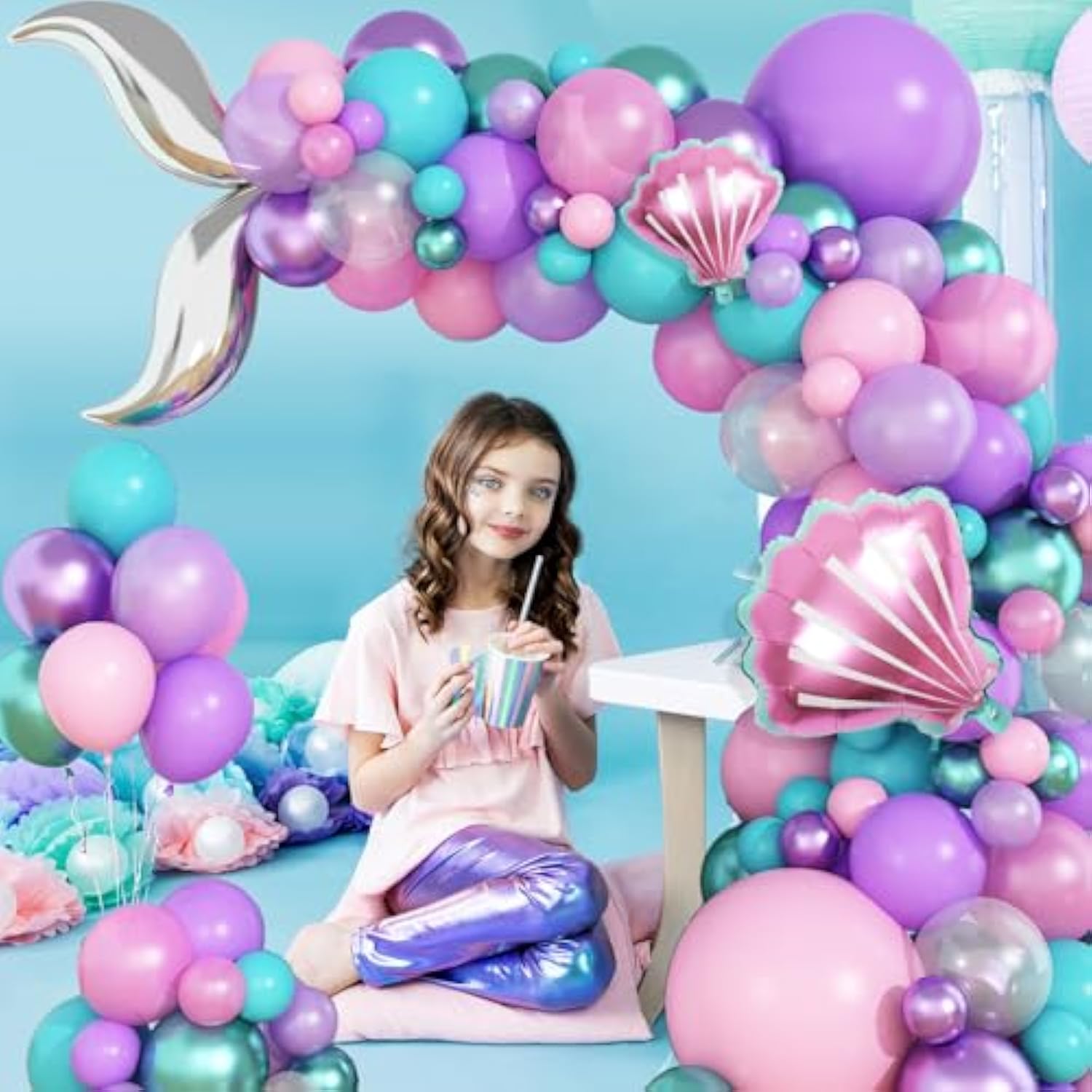 Mermaid Balloon Arch Garland Kit, Mermaid Tail Balloon Garland With Pastel Pink Purple Green Teal Metallic Latex Balloons For Girls Birthday Baby Shower, Under The Sea Shell Theme Party Decor Supplies