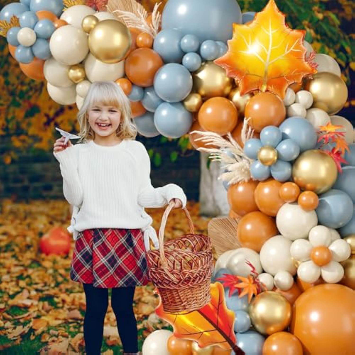 Fall Balloon Garland Kit: Dusty Blue, Orange & Gold, Leaf Balloons
