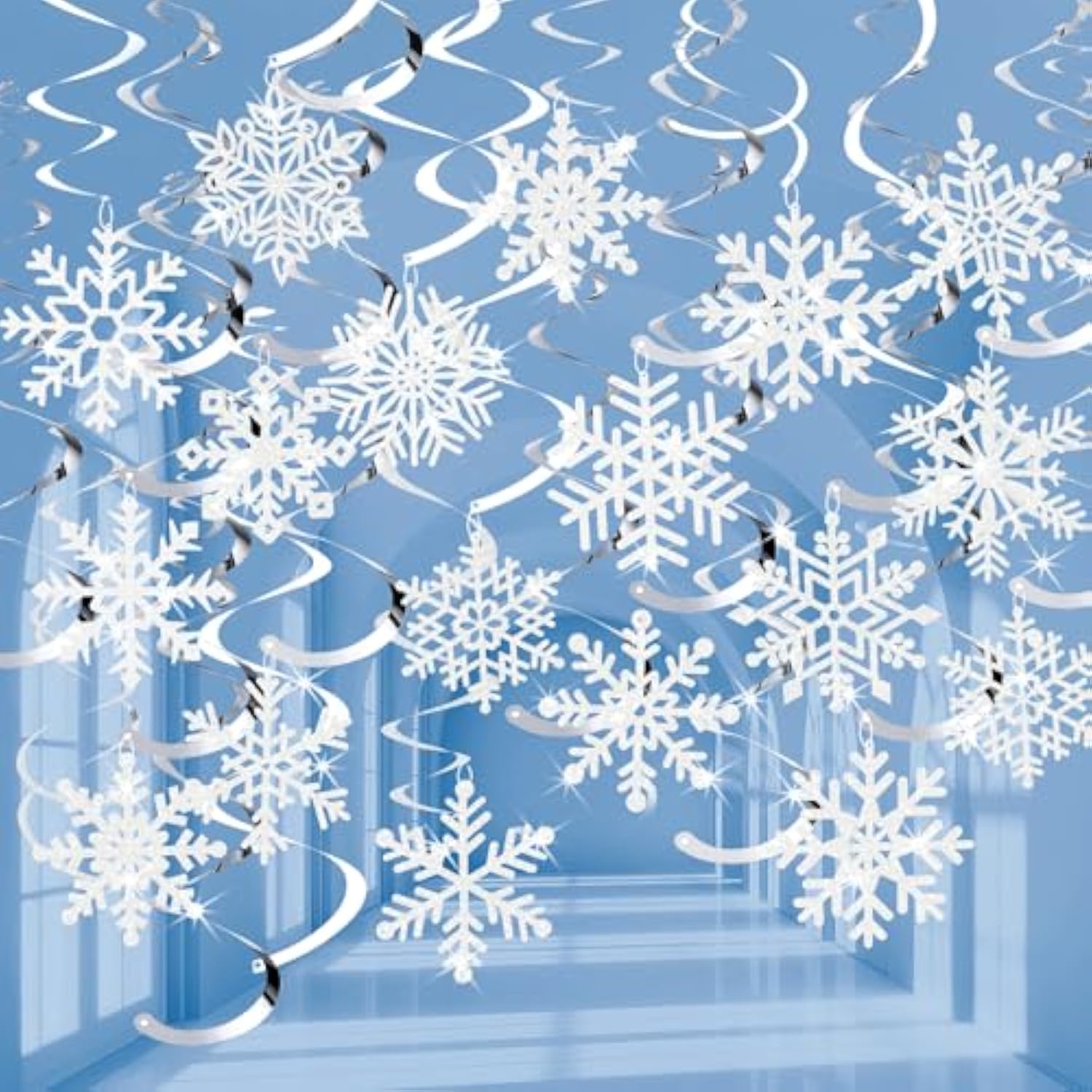 30-Piece Winter Snowflake Hanging Swirl Decorations for Xmas and Parties