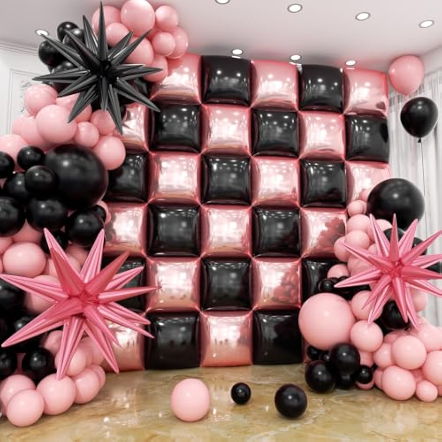 36Pcs Black And Pink Square Foil Balloons Wall Backdrop With 147Pcs Balloon Garland Arch Kit, Double Sided Balloons For Bachelorette Baby Shower Birthday Anniversary Prom Party Decorations