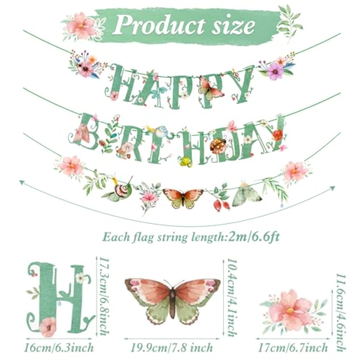 Sage Green Spring Wildflower Happy Birthday Banner with Butterflies - Pre-Strung Decor