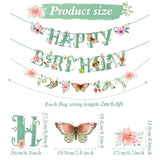 Sage Green Spring Wildflower Happy Birthday Banner with Butterflies - Pre-Strung Decor