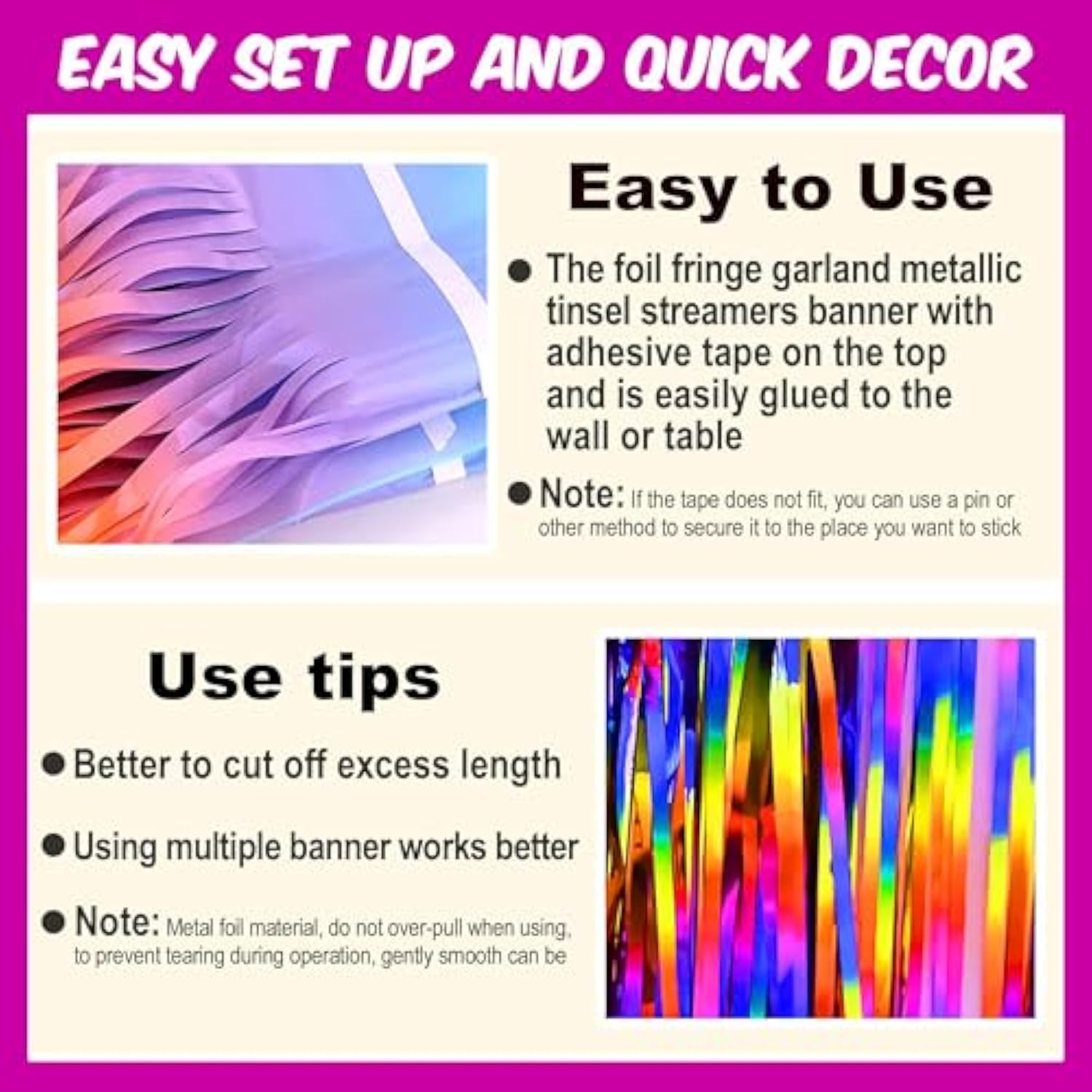 6 Pack 10 Ft Rainbow Foil Fringe Garland Metallic Streamers Tinsel Banner Wall Hanging Garland Backdrop For Parade Floats, Halloween, Christmas, Thanksgiving, New Year Party Decorations