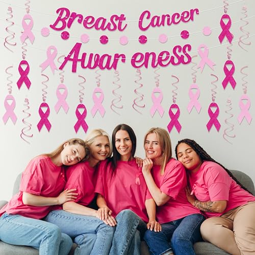 23Pcs Breast Cancer Awareness Decorations - Pink Ribbon Hanging Swirl Banner Accessories for Party Supplies Decor