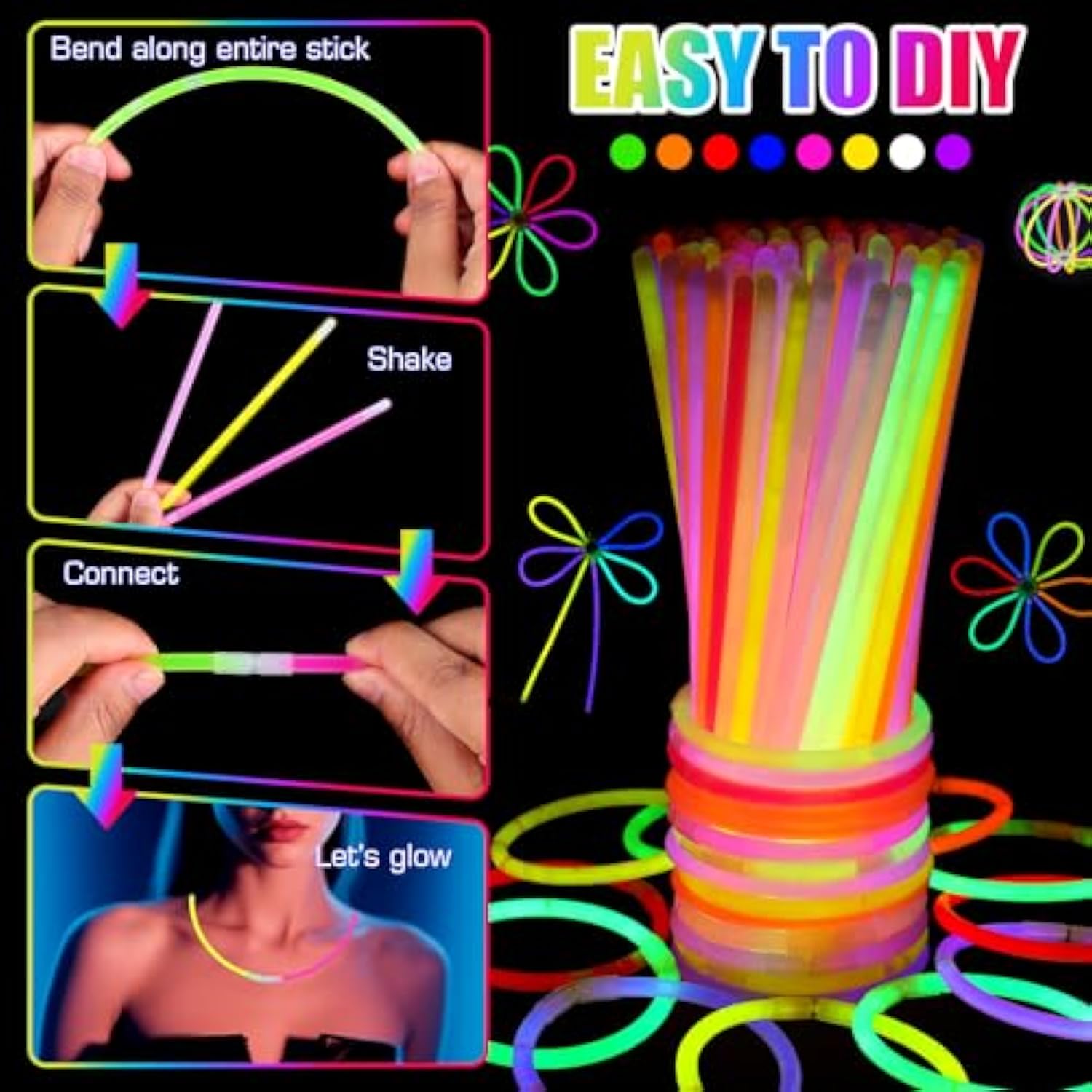 170pcs Glow in the Dark Party Supplies LED Sticks Glasses Rings Necklaces