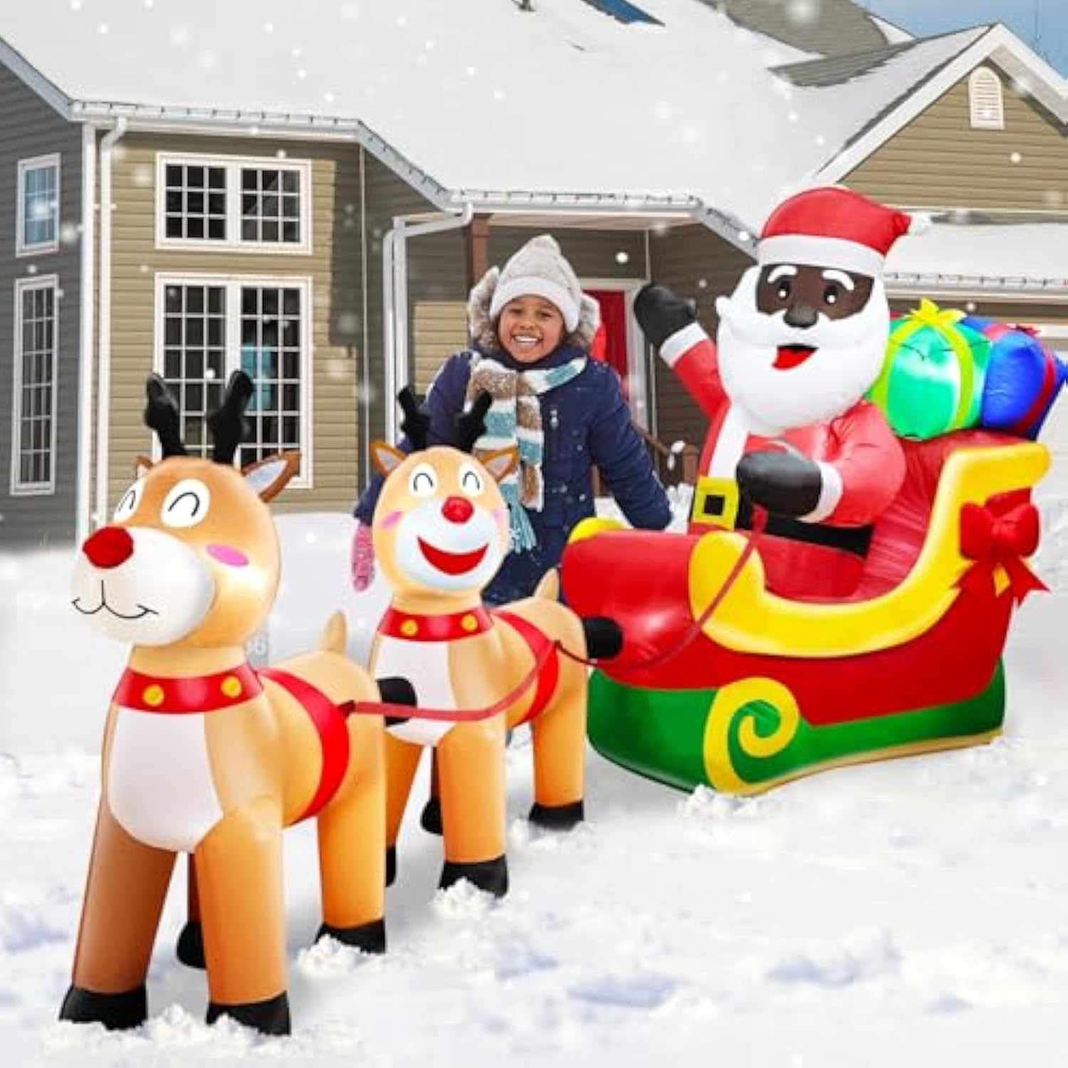 8 Ft Long Christmas Inflatables Black Santa Claus On Sleigh With Reindeer & Gift Boxes Xmas Blow Up Built-In Led Lights