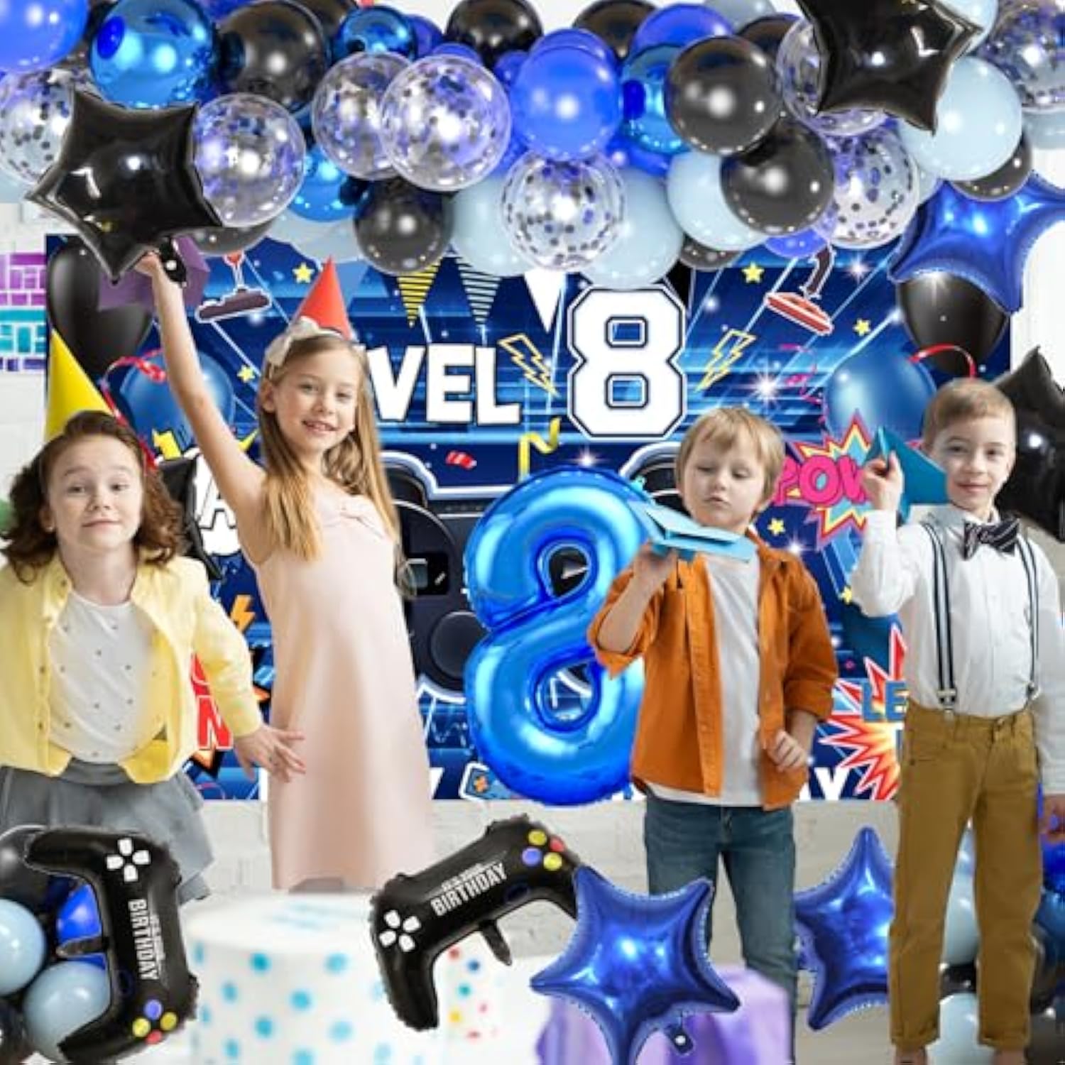 103Pcs Video Game 8Th Birthday Party Decoration Kit - Black And Blue Latex Balloons, 8Th Happy Birthday Gaming Backdrop, Tablecloth, Foil Number 8 & Gamer & Star Balloon For Boys Girls