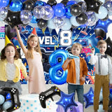 103Pcs Video Game 8Th Birthday Party Decoration Kit - Black And Blue Latex Balloons, 8Th Happy Birthday Gaming Backdrop, Tablecloth, Foil Number 8 & Gamer & Star Balloon For Boys Girls