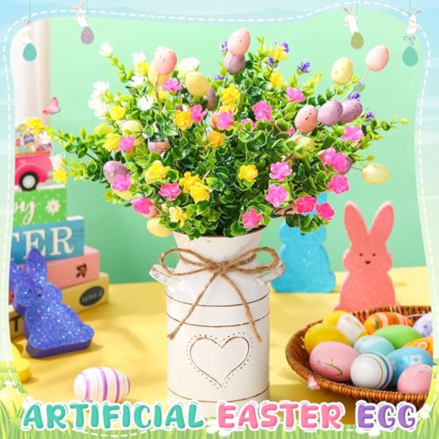 Easter Table Centerpieces Include 3 Easter Egg Floral Picks 5 Eucalyptus Stems Plants With Vase Artificial Easter Egg Flower Arrangement For Easter Spring Party Office Home Decoration