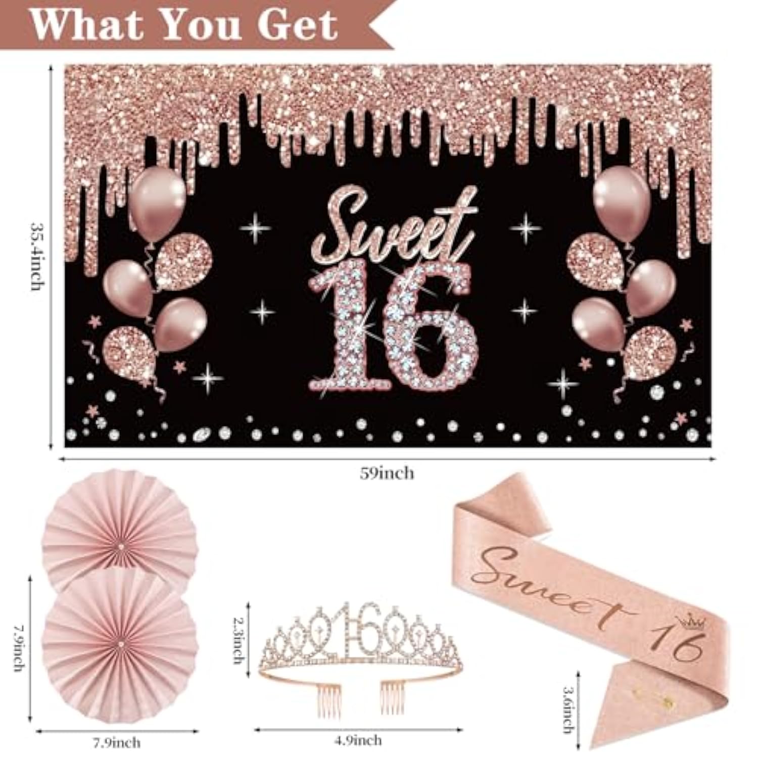 16Th Birthday Decorations For Girls, 33Pcs Sweet 16 Crown And Sash, Black Rose Gold Happy 16Th Birthday Banner Balloons Backdrop Hanging Swirls Paper Fans, Sixteen Party Decorations Kit
