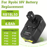 Upgraded P117 21V 3A Rapid Charger + 2 Pack 6.0Ah 18V Rb18L50 Lithium Battery Combo For Ryobi One+ P108 P102 P104 High Capacity Cordless Tool Batteries