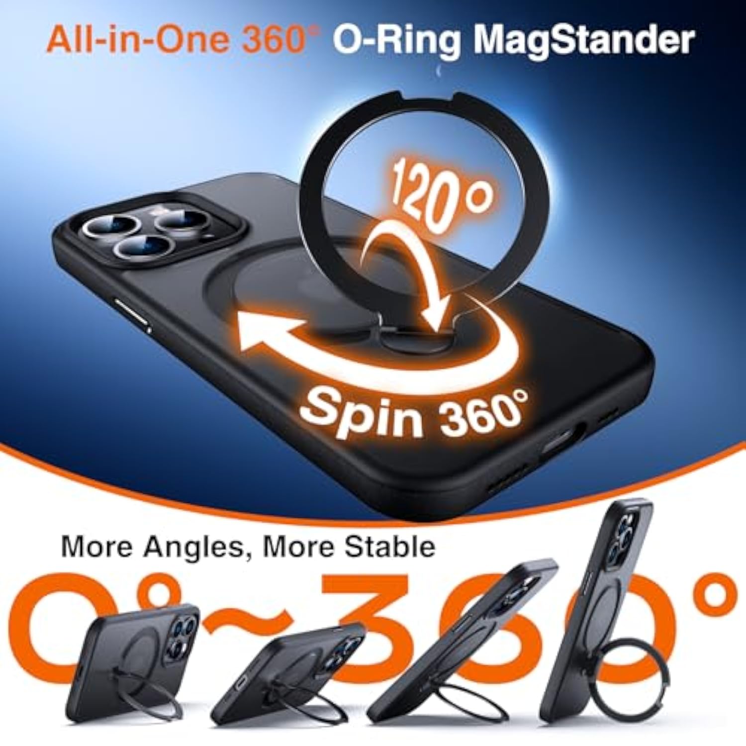 360° O-Ring Magstander For Iphone 14 Pro Case With Magnetic Kickstand Ring Holder [Compatible With Magsafe][360°Rotate Stand Ring][Military Shockproof] Iphone 14 Pro Phone Cover Matte Black