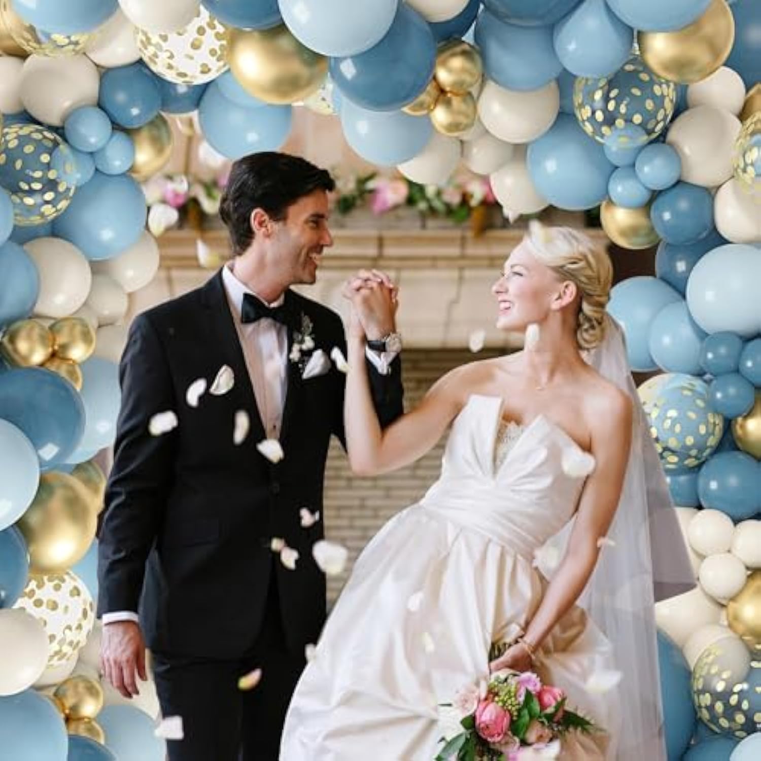 Dusty Blue Balloon Arch Kit, Dusty Baby Blue Balloons Arch Kit With Metallic Gold Sand White Gold Confetti Balloons For Wedding Bridal Shower Boy Birthday Party Baby Shower Decorations