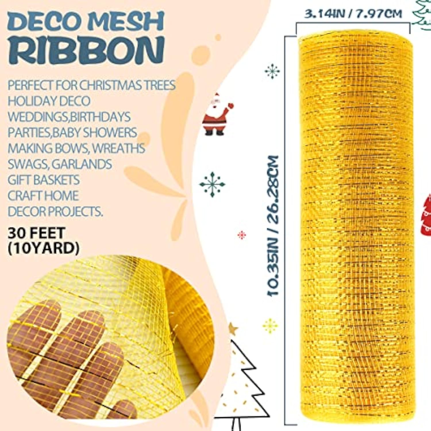 Deco Mesh Ribbon, 10Inch X 30 Feet Each Roll Metallic Foil Mesh Ribbon For Wreaths Swags, Holloween, And Christmas Tree Decoration (Gold/Gold Foil)
