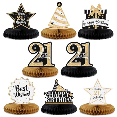 Happy 21st Birthday Decorations,21st Bday Gold Glitter Shiny Stand Honeycomb Table Centerpieces - Cheers to 21 Years Old Birthday Party Photoprop Gift Sign.