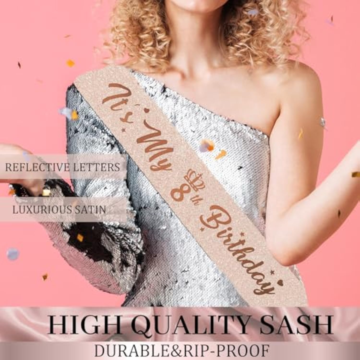 8Th Birthday Decorations - Rose Gold Party Set For Girls, Includes Banner, Tablecloth, Sash, Tiara & Cake Topper, Pink Gold 8 Number Balloons