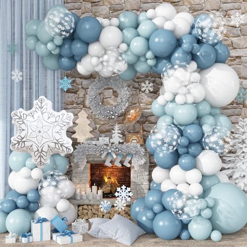 Winter Wonderland Balloons Garland Arch Kit, 101Pcs Dusty Blue White Balloons with Snowflake Foil Balloon for Christmas Xmas Holiday Ice Snow Girl Princess Theme Baby Shower Birthday Party Decorations