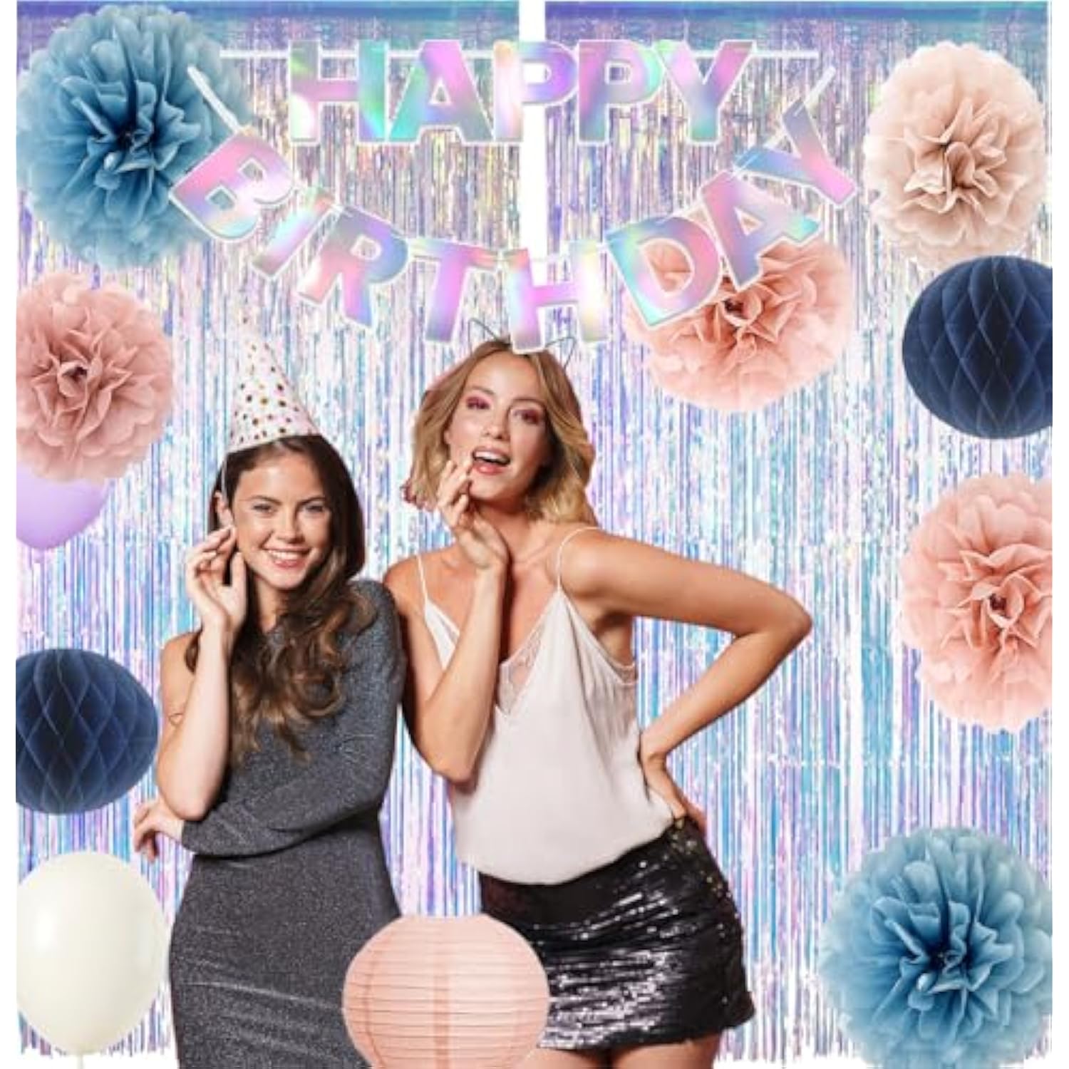 Dusty Pink Blue Hanging Party Decorations With Tissue Pom Poms And Paper Lantern For Bridal Baby Shower Gender Reveal Birthday Decor Supplies (Dusty Blue + Rose Gold)