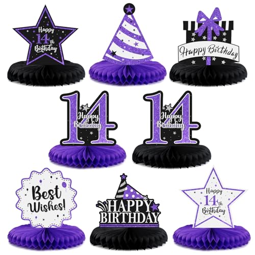 Happy 14th Birthday Decorations,14th Birthday Purple Glitter Shiny Stand Honeycomb Table Centerpieces - Cheers to Fourteen Years Old Birthday Party Photoprop Gift Sign.