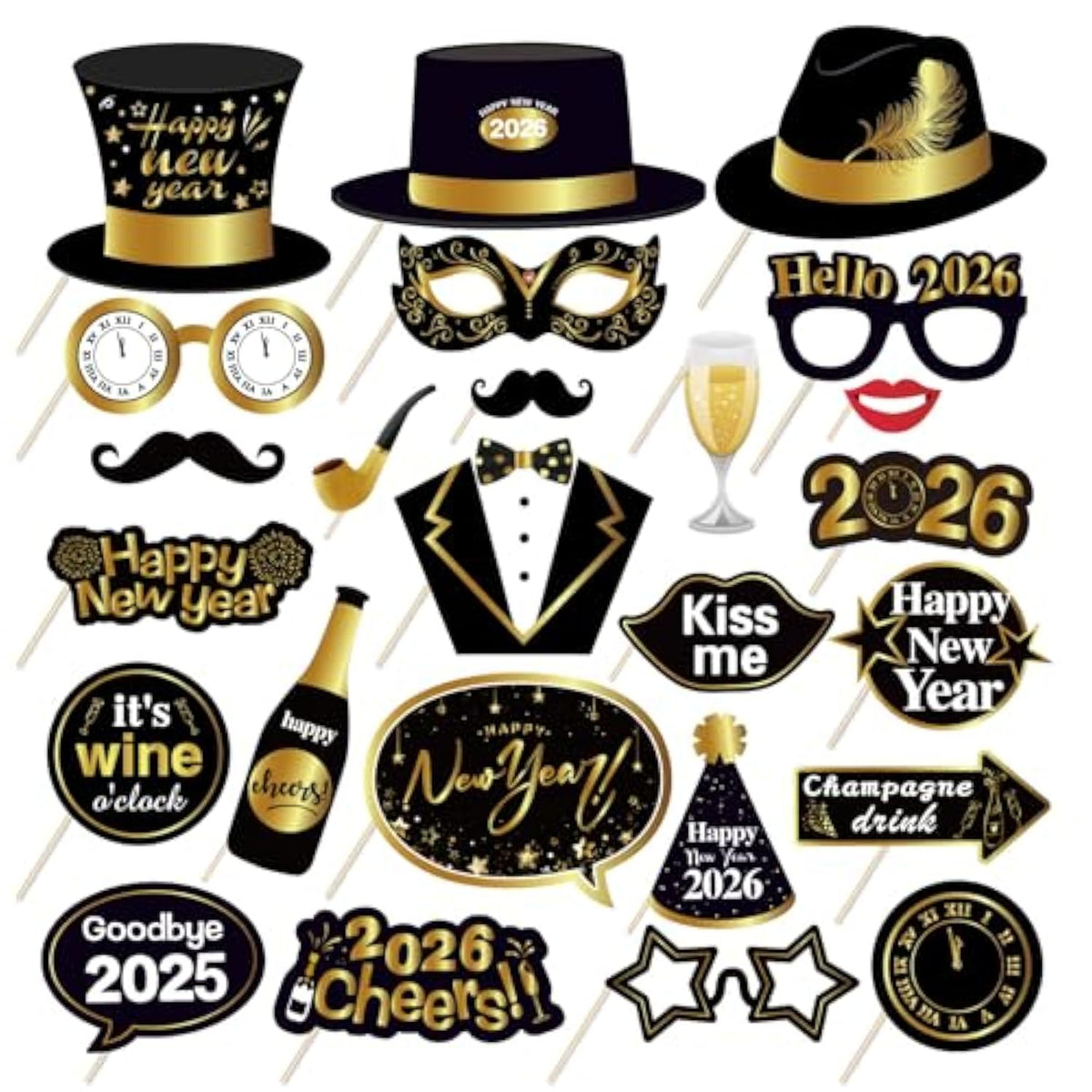25 Pcs Black New Year 2026 Photo Booth Props Party Decorations