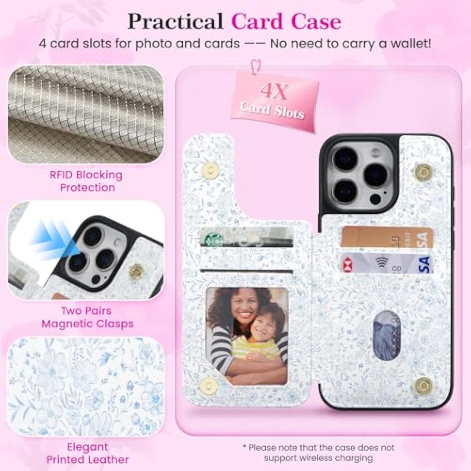 For Iphone 16 Pro Max Wallet Case With Card Holders,Pu Leather Double Magnetic Clasp Kickstand Trendy Girly Women Case For Iphone 16 Pro Max,Blue Flowers